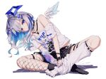  1girl absurdres amane_kanata amane_kanata_(6th_costume) angel angel_wings arm_warmers blue_hair blue_nails choker colored_inner_hair fishnet_pantyhose fishnets full_body grey_hair highres hololive looking_at_viewer medium_hair multicolored_hair nail_polish off_shoulder pantyhose print_shirt purple_eyes shirt shorts simple_background single_arm_warmer single_fishnet_legwear single_thighhigh sitting solo t-shirt thighhighs virtual_youtuber white_background white_shirt wings yo_na 