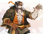  1boy abs arknights bara claws facial_hair fang fighting_stance furry furry_male goatee headband highres huai_tianpei_(arknights) long_hair male_focus mountain orange_eyes orange_fur orange_headband pectorals ppyong signature simple_background solo striped tiger_boy white_background white_fur 
