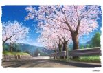  absurdres blue_sky cherry_blossoms cloud cloudy_sky forest grass highres mountain mountainous_horizon nature no_humans original path road scenery sign sky sunrise_arte tree 