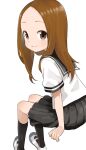  1girl black_skirt black_socks brown_eyes brown_hair closed_mouth commentary_request forehead highres karakai_jouzu_no_takagi-san looking_at_viewer school_uniform serafuku shirt shoes short_sleeves simple_background skirt smile socks solo takagi-san white_background white_footwear white_shirt yamamoto_souichirou 