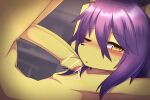  anthro blush blush_lines bodily_fluids canid canine censored censored_genitalia censored_penis erection foreskin fur genital_fluids genitals hair hane hi_res humanoid_genitalia humanoid_penis itsuki_(hane) kemono looking_at_viewer male mammal one_eye_closed penis precum purple_hair solo yellow_body yellow_fur 