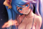  1girl bare_shoulders bikini blue_bikini blue_eyes blue_hair blush breasts cleavage close-up closed_mouth collarbone commentary flower hair_between_eyes hair_flower hair_ornament large_breasts league_of_legends long_hair phantom_ix_row signature solo sona_(league_of_legends) sweat sweatdrop swimsuit upper_body very_long_hair 