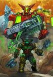  axe bfg_9000 crossover doom_(2016) doom_(series) doomguy dual_wielding getter-1 getter-2 getter-3 getter_robo glowing glowing_eyes green_armor highres holding holding_weapon huge_weapon mecha multiple_weapons oekaki power_armor red_armor robot super_robot weapon yamanushi 