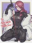  1girl belt black_bodysuit black_gloves bodysuit border breasts coat commentary_request commission covered_navel curly_hair english_text fur_coat gloves hair_over_one_eye highres holding holding_sword holding_weapon kirijou_mitsuru large_breasts long_hair looking_at_viewer persona persona_3 poechan_chan purple_background rapier red_eyes red_hair red_lips simple_background skin_tight solo squatting swept_bangs sword weapon white_border yellow_border 
