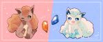  alolan_vulpix animal_focus artist_name blue_background blue_eyes border brown_fur commentary_request evolutionary_stone fang fire_stone hanabusaoekaki highres ice_stone multiple_tails no_humans one_eye_closed open_mouth pawpads pokemon pokemon_(creature) red_background sitting tail two-tone_background vulpix white_border white_fur 