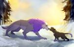 black_body black_fur canid canine canis detailed_background domestic_cat duo felid feline felis female feral fur grey_body grey_fur hi_res male mammal nose_to_nose nuzzling outside plant purple_body purple_fur sky snow sunrise tree unknown_artist white_body white_fur winter wolf 