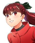  1girl absurdres bow grin hair_bow highres jacket lips long_hair looking_at_viewer persona persona_5 ponytail portrait red_eyes red_hair red_jacket simple_background smile solo teeth white_background yoshizawa_kasumi you_nf 