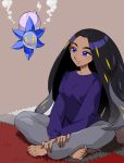  1girl alternate_costume barefoot black_hair blue_eyes blush casual closed_mouth commentary dark-skinned_female dark_skin eyelashes geeta_(pokemon) glimmet grey_pants long_hair long_sleeves mon!_(monmonlezard) pants pokemon pokemon_(creature) pokemon_(game) pokemon_sv purple_shirt shirt sitting smile toes yellow_eyes 