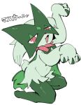  anthro cape claws clothing doneru fur generation_9_pokemon green_body green_fur hi_res japanese_text kneeling looking_at_viewer mask meowscarada navel nintendo paws pokemon pokemon_(species) pose scarf simple_background smile solo tail text white_background 