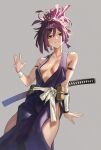  1girl black_armband breasts center_opening cleavage daniel_deng highres hip_vent japanese_clothes jigokuraku kimono looking_at_viewer ninja purple_hair purple_kimono sash simple_background small_breasts solo sword topknot weapon white_sash wrist_guards yuzuriha_(jigokuraku) 