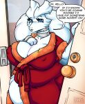  2023 absurd_res anthro arm_support artist_name bathrobe big_breasts blue_eyes breasts cheek_tuft cleavage clothed clothing cute_fangs dialogue door dragon drokmars english_text eyebrows eyelashes facial_tuft female fur furred_dragon generation_5_pokemon hi_res leg_tuft legendary_pokemon neck_ring neck_tuft nintendo nipple_outline open_mouth overweight overweight_female pokemon pokemon_(species) red_bathrobe red_clothing red_topwear reshiram robe sharp_teeth solo teeth text thick_thighs topwear tuft white_body white_fur 