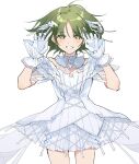  1girl alternate_costume blush bracelet cross-laced_clothes dress gloves green_eyes green_hair hands_up highres idolmaster idolmaster_shiny_colors jewelry looking_at_viewer messiah_go nanakusa_nichika short_hair simple_background smile solo white_background white_dress white_gloves wing_hair_ornament 
