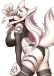  anthro big_breasts blush breasts butt canid clothing female hair hi_res komenuka_inaho legwear long_hair looking_at_viewer mammal red_eyes side_boob smile solo tail thigh_highs white_hair white_tail 