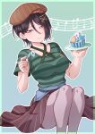  1girl bang_dream! belt belt_buckle beret black_hair blue_background blue_belt breasts brown_headwear brown_skirt buckle collarbone commentary_request cupcake eighth_note feet_out_of_frame food fork gradient_background green_background green_shirt grey_pantyhose hair_between_eyes hair_ornament hairclip hat highres holding holding_fork holding_plate kitayu knees_up light_blush looking_at_viewer musical_note outline pantyhose parted_lips plate purple_eyes quarter_note shirt short_hair short_sleeves skirt smile solo staff_(music) striped striped_shirt striped_skirt vertical-striped_skirt vertical_stripes white_outline x_hair_ornament yashio_rui 