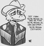  2023 anthro black_and_white clothing cowboy_hat cowboy_outfit dialogue dinosaur dromaeosaurid english_text goodbye_volcano_high hair hat headgear headwear low_res male meme monochrome reed_(gvh) reptile scalie scarf seven_(artist) short_hair smile snoot_game_(fan_game) snout solo text theropod velociraptor watermark 