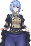  1girl absurdres ass_visible_through_thighs blue_hair blush braid breasts brown_eyes cameltoe closed_mouth clothes_lift crown_braid embarrassed fire_emblem fire_emblem:_three_houses garreg_mach_monastery_uniform highres large_breasts latte lifted_by_self long_hair long_sleeves marianne_von_edmund pantyhose puffy_sleeves simple_background skirt skirt_lift solo sweatdrop thighs uniform 