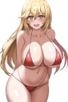  +_+ 1girl absurdres arm_behind_back bare_arms bikini blonde_hair blush breasts cleavage commentary_request cowboy_shot hair_between_eyes highres jasony large_breasts long_hair looking_at_viewer navel open_mouth red_bikini shokuhou_misaki simple_background smile solo standing swimsuit toaru_kagaku_no_railgun toaru_majutsu_no_index upper_body white_background yellow_eyes 
