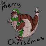  1:1 absurd_res alligator alligatorid anthro beckoning bell big_tail breasts christmas christmas_clothing claws clothing crocodilian curvy_figure female gesture hi_res holidays multicolored_body overweight overweight_female pyne pyne_(artist) reptile scales scalie simple_background slightly_chubby solo tail underwear voluptuous 