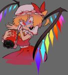  1girl blonde_hair bottle coca-cola cola collared_shirt draculoid fang flandre_scarlet hat highres mob_cap one_side_up puffy_short_sleeves puffy_sleeves red_eyes red_vest shirt short_hair short_sleeves slit_pupils smile soda soda_bottle toon_(style) touhou vest white_headwear white_shirt 