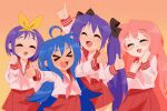  &gt;_&lt; 4girls arm_up black_bow blue_hair blush bow closed_eyes commentary double_thumbs_up english_commentary glasses hair_bow highres hiiragi_kagami hiiragi_tsukasa izumi_konata long_hair long_sleeves lucky_star mole mole_under_eye multiple_girls neckerchief open_mouth orange_background pink_hair pink_neckerchief procreate_(medium) purple_hair red_sailor_collar red_skirt round_eyewear ryouou_school_uniform sailor_collar school_uniform serafuku shirt short_hair siblings simple_background sisters skirt smile standing stripedpants takara_miyuki thumbs_up twintails white-framed_eyewear white_shirt 