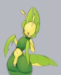  2023 antennae_(anatomy) anthro arthropod arthropod_abdomen atherol big_forehead elemental_creature flora_fauna generation_5_pokemon genitals girly green_body green_skin grey_background half-closed_eyes half-erect humanoid_genitalia humanoid_penis insect leavanny male mantis narrowed_eyes navel nintendo penis pink_eyes plant pokemon pokemon_(species) portrait simple_background solo three-quarter_portrait yellow_penis 