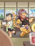  anthro bandaid_protagonist_(tas) brown_hair clothing duo felid footwear fur hair human lifewonders male mammal nomad_(tas) pantherine protagonist_(tas) rorondo4 sandals serving_tray shirt speedo striped_body striped_fur stripes swimwear t-shirt tiger tokyo_afterschool_summoners topwear 