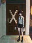  1girl absurdres black_footwear black_shorts boots brown_eyes brown_hair bucket collarbone door fire full_body highres holding holding_bucket holding_paintbrush looking_at_viewer okura_lino original paint paint_can paintbrush scenery shirt short_hair shorts solo standing white_shirt 