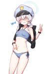  1girl :3 bandeau bikini black_vest blue_archive blue_bandeau blue_bikini blue_hair blue_halo blush breasts collarbone commentary_request crossed_bangs facing_viewer greenteamousou hair_over_eyes halo hand_on_own_stomach hand_up hat korean_text low_twintails navel no_eyes peaked_cap side-tie_bikini_bottom simple_background small_breasts solo standing stomach string_bikini swimsuit twintails v valkyrie_police_academy_student_(blue_archive) vest white_background 
