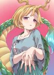  1girl antlers blonde_hair blue_shirt blush collared_shirt commentary_request dragon_horns dragon_tail e_sdss fingernails green_skirt highres horns kicchou_yachie looking_at_viewer open_mouth red_eyes shirt short_hair short_sleeves skirt solo tail touhou turtle_shell upper_body yellow_horns 