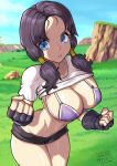  1girl bike_shorts bikini black_gloves black_hair blue_eyes blue_sky breasts clenched_hands clothes_lift day dragon_ball fingerless_gloves gloves large_breasts long_hair navel outdoors purple_bikini redjet shirt shirt_lift sky solo swimsuit twintails videl white_shirt 