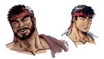  1boy age_difference bara beard closed_eyes cropped_shoulders facial_hair headband laughing male_focus mature_male multiple_views muscular muscular_male ryu_(street_fighter) short_hair sideburns street_fighter thick_eyebrows thick_mustache yuiofire 