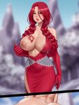  1girl bare_shoulders blurry blurry_background braid breasts brown_eyes chest_tattoo dagon_bruh day dress elbow_gloves fairy_tail flare_corona gloves highres large_breasts long_hair looking_at_viewer nipples one_breast_out open_mouth outdoors red_dress red_gloves red_hair side_slit solo tattoo twin_braids twintails 