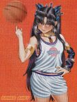  1girl armlet artist_name ball basketball basketball_(object) basketball_uniform bombsahoy bra cosplay detached_sleeves earrings fate/grand_order fate_(series) hand_on_own_hip highres holding holding_ball hoop_earrings ishtar_(fate) jewelry lola_bunny lola_bunny_(cosplay) looking_at_viewer looney_tunes parted_bangs pink_bra single_detached_sleeve solo space_jam sportswear underwear 