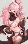  1girl bare_shoulders black_mask blush braid breasts covered_mouth fire_emblem fire_emblem_awakening fire_emblem_fates gloves hairband haru_(nakajou-28) highres jewelry long_hair looking_at_viewer mask medium_breasts mouth_mask navel ninja ninja_mask olivia_(fire_emblem) pink_eyes pink_hair ponytail shuriken side_braid simple_background solo sweatdrop twin_braids weapon 