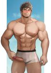  1boy abs absurdres bara black_hair blush boxer_briefs erection facial_hair goatee highres large_pectorals male_focus male_underwear mikicat muscular muscular_male navel nipples one_eye_closed pectorals penis rex_(xenoblade) scar scar_across_eye scar_on_face short_hair smile solo teeth thick_thighs thighs underwear white_male_underwear xenoblade_chronicles_(series) xenoblade_chronicles_3 