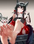  1girl absurdres animal_ear_fluff animal_ears animalization arknights barefoot black_hair bow breasts brown_eyes cleavage closed_mouth detached_sleeves feet foot_focus hair_bow highres lappland_(arknights) large_breasts long_hair looking_at_viewer mikuning pants red_bow red_pants scar scar_across_eye sitting sweat tail texas_(arknights) wolf_ears wolf_girl wolf_tail 