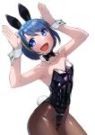  1girl :d animal_ears arched_back armpits arms_up bare_arms bare_shoulders black_bow black_bowtie black_leotard blue_eyes blue_hair bow bowtie brown_pantyhose collar collarbone cowboy_shot detached_collar fake_animal_ears fake_tail flat_chest highleg highleg_leotard highres hoshinone_shizuku indie_virtual_youtuber leotard light_blush looking_up multicolored_hair narrow_waist open_mouth osanadaisuke pantyhose playboy_bunny rabbit_ears rabbit_pose rabbit_tail ribs shiny_clothes short_hair simple_background smile solo streaked_hair swept_bangs tail tongue very_short_hair virtual_youtuber white_background white_collar white_wrist_cuffs 