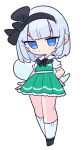  1girl black_bow black_bowtie black_footwear black_hairband black_ribbon blue_eyes bob_cut bow bow_hairband bowtie collared_shirt frilled_skirt frills green_skirt green_vest grey_hair hair_ribbon hairband highres hitodama hitodama_print konpaku_youmu konpaku_youmu_(ghost) op_na_yarou puffy_short_sleeves puffy_sleeves ribbon shirt short_hair short_sleeves simple_background skirt skirt_set socks solo touhou vest white_background white_shirt 