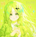  1girl blush braid bug butterfly collared_shirt daisy flower green_eyes green_hair green_sweater green_theme highres long_hair long_sleeves looking_at_viewer michi0ru myers-briggs_type_indicator original portrait shirt side_braid smile solo sweater white_flower white_shirt 