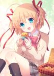 1girl blonde_hair blue_eyes bow commission food hair_ribbon kamikita_komari kousetsu little_busters! muffin open_mouth pink_bow ribbon school_uniform short_hair skeb_commission skirt smile solo twintails 