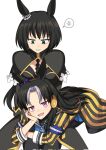  2girls anger_vein animal_ears armband black_capelet black_coat black_hair blue_armband bow capelet clenched_teeth coat commentary ear_bow ear_scrunchie fukuro_(maruaru00) furrowed_brow genderswap genderswap_(mtf) gold_trim green_eyes grey_hair hand_on_own_cheek hand_on_own_face head_rest headgear highres horse_ears horse_girl kin&#039;iro_ryotei_(umamusume) long_sleeves looking_down looking_up multiple_girls original personification purple_bow purple_eyes reins simple_background spoken_anger_vein stay_gold_(racehorse) striped_coat teeth two-tone_coat umamusume white_background yellow_coat 