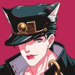  1boy animal_ears black_hair blue_eyes cat_ears earrings hat hat_over_one_eye high_collar jewelry jojo_no_kimyou_na_bouken kujo_jotaro lanxjourney male_focus portrait slit_pupils solo stardust_crusaders tongue tongue_out 