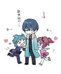  &gt;_&lt; 1boy 2girls aqua_hair blue_coat blue_hair blue_pants blue_vest closed_eyes closed_mouth coat colored_skin commentary_request employee_(lobotomy_corporation) fake_wings fur-trimmed_coat fur_trim grey_eyes grey_pants grey_shirt grey_vest heart lobotomy_corporation long_sleeves medu_(rubish) multiple_girls necktie no_nose open_clothes open_coat open_mouth pants pink_hair pink_shirt pink_skirt project_moon running shirt short_hair sketch skirt smile thighhighs translation_request twintails two_side_up vest white_background white_necktie white_shirt white_skin white_thighhighs wings 