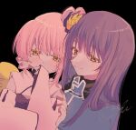  1boy 1girl androgynous black_background blue_jacket blush closed_mouth covered_mouth flower fujisaki_nagihiko hair_flower hair_ornament hetero highres hinamori_amu jacket japanese_clothes kimono long_hair long_sleeves mutsuki_(fujisakike) pink_hair pink_kimono purple_hair short_hair shugo_chara! yellow_eyes yellow_flower 