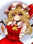  1girl alternate_breast_size arm_behind_back ascot blonde_hair breasts buttons closed_mouth collared_shirt cowboy_shot crystal flandre_scarlet frilled_shirt_collar frills gradient_background grey_background hat hat_ribbon highres looking_at_viewer medium_breasts medium_hair mob_cap multicolored_wings one_side_up puffy_short_sleeves puffy_sleeves red_eyes red_ribbon red_skirt red_vest ribbon shiraniwa_rin shirt short_sleeves skirt skirt_set solo touhou vest white_headwear white_shirt wings wrist_cuffs yellow_ascot 