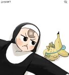  bag banana bandaid bottle_cap diva_(hyxpk) ducking food frog_headband froggy_nun_(diva) fruit habit highres numbered nun original simple_background white_background 