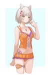  1girl animal_ears bikini blunt_bangs blush braided_sidelock breasts cat_ears chest_jewel commentary_request cropped_legs ewokakupiece highres looking_at_viewer mio_(xenoblade) navel official_alternate_costume orange_bikini parted_lips short_hair small_breasts solo swimsuit thigh_strap xenoblade_chronicles_(series) xenoblade_chronicles_3 yellow_eyes 