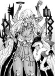  1girl armor bare_shoulders bell belly_chain bikini_armor bracelet breasts cleavage collarbone earrings extra_arms fate/grand_order fate_(series) furauji greyscale grin hair_ribbon jewelry kali_(fate) large_breasts long_hair looking_at_viewer monochrome neck_ring necklace pelvic_curtain polearm revealing_clothes ribbon sash smile snake solo thighs thumb_ring very_long_hair weapon 