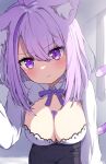  1girl absurdres animal_ears breasts cat_ears cat_tail cleavage cleavage_cutout clothing_cutout heart heart_tattoo highres hololive large_breasts leaning_forward nekomata_okayu pout purple_eyes purple_hair tail tarakore_sauce tattoo virtual_youtuber 