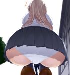  1boy 1girl ass back black_socks blonde_hair chieri_no_koi_wa_8_meter garter_straps giant giantess highres loafers long_hair namidame oomine_chieri panties pantyshot pleated_skirt shoes skirt socks squatting transparent_background underwear white_panties 